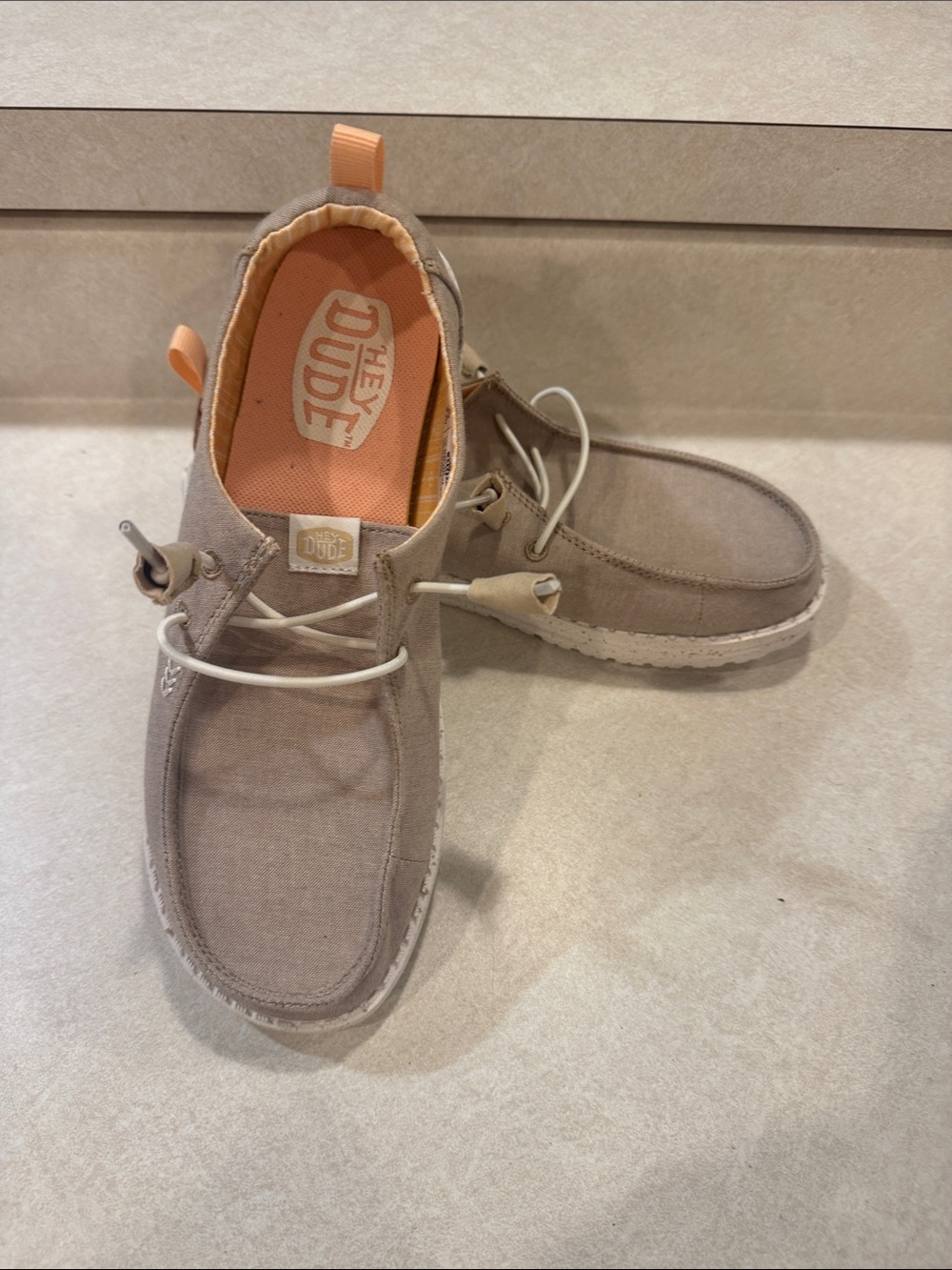 Hey Dude Women's Taupe Canvas Slip-On Loafers with Orange Insole Accents